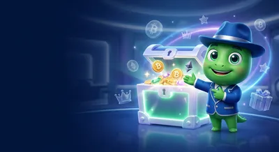 Charismatic green casino mascot in blue suit with reward symbols in a modern, clean, deep-blue environment.